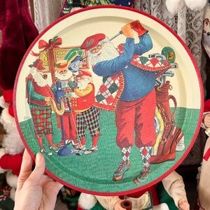 Vintage 1994 Potpourri Press Golf Santa Claus Christmas Tin Serving Platter Tray